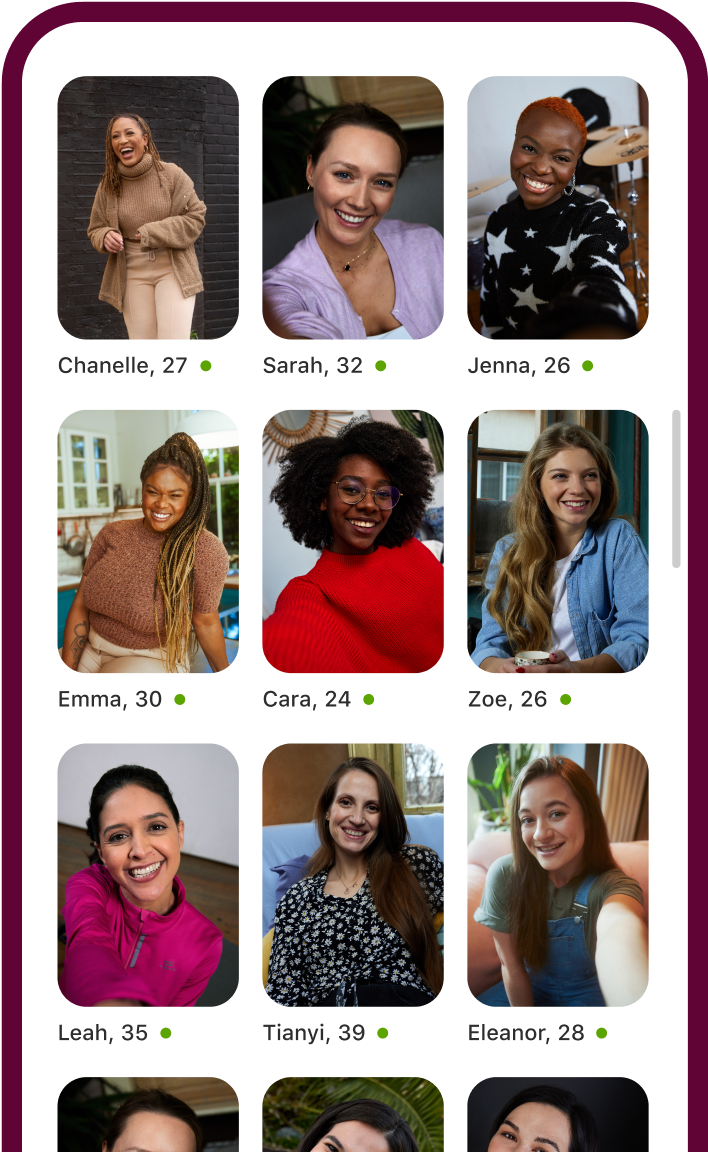Aplikace Badoo zobrazuje tabulku profilů různých žen