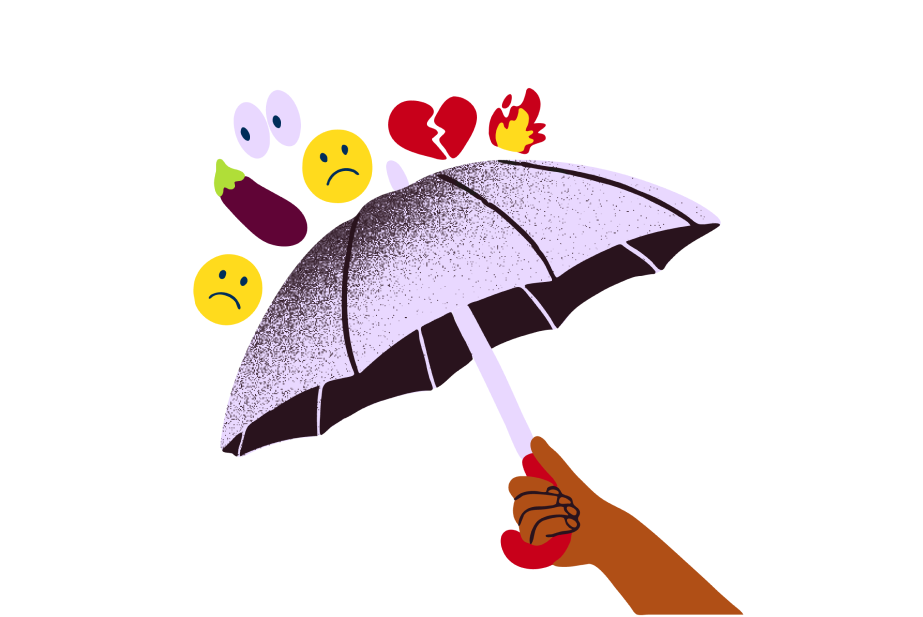 Ilustracija dežnika, ki ščiti pred negativnimi emotikoni