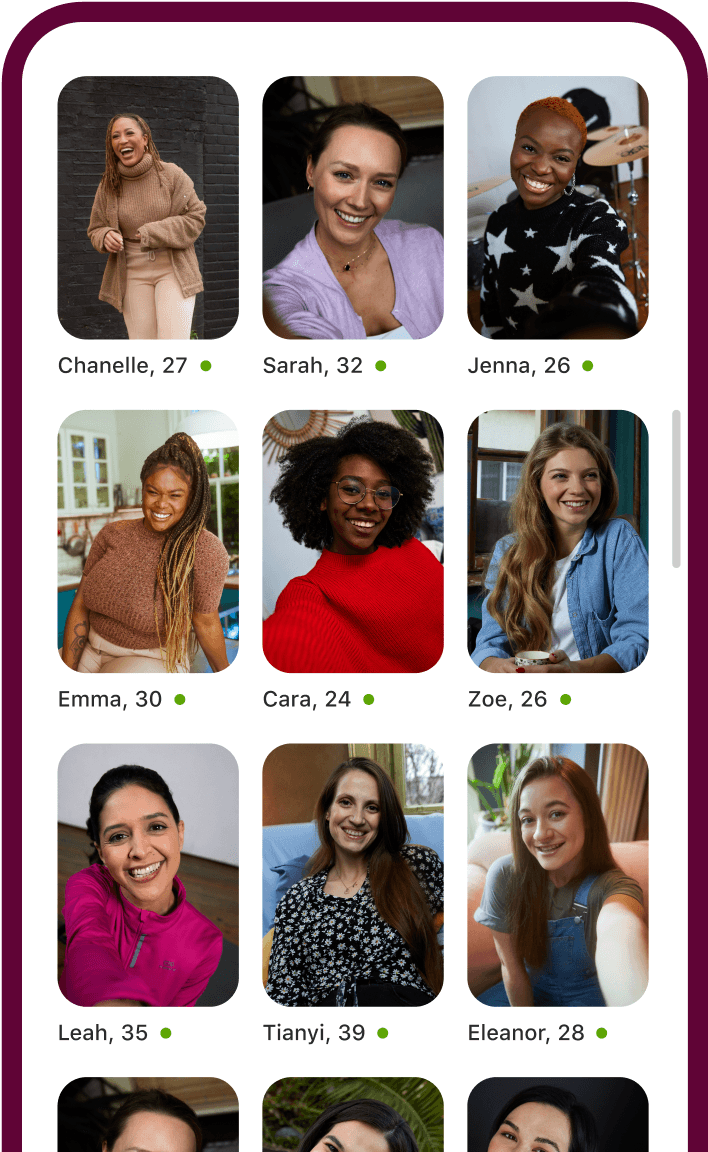 La aplicación Badoo mostrando una cuadrícula con perfiles de diferentes mujeres